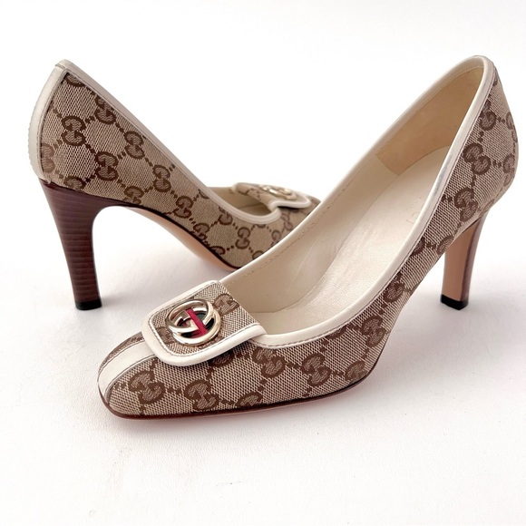 GUCCI || Vintage Supreme Monogram Canvas GG Interlocking Gold Logo Heel Pump 6 - Picture 2 of 16